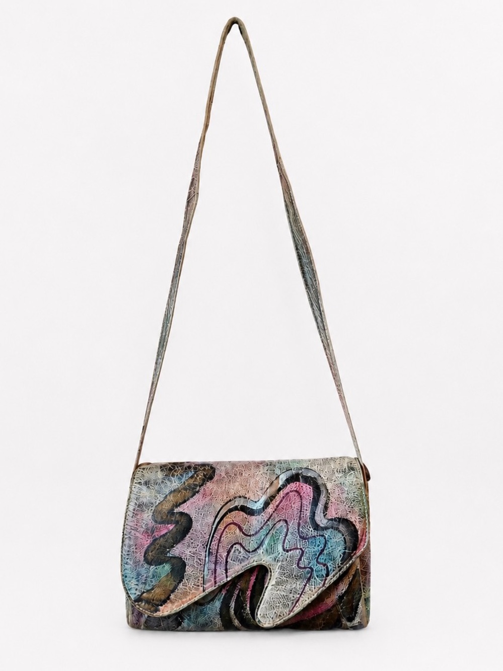 OOAK VTG 80s Brit Rosen Signed Hand Painted Abstract Leather Shoulder Bag Purse - Picture 3 of 16